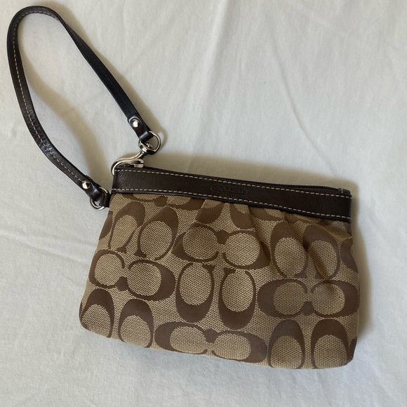 Coach Signature Brown and Tan Monogram Wristlet - Picture 1 of 16